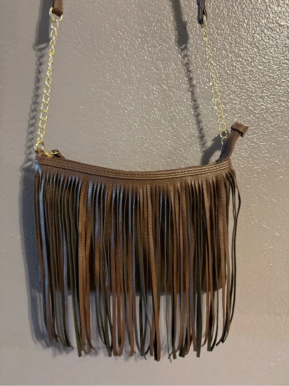 Brown Leather Fringe Crossbody Bag with Gold Chain Strap
